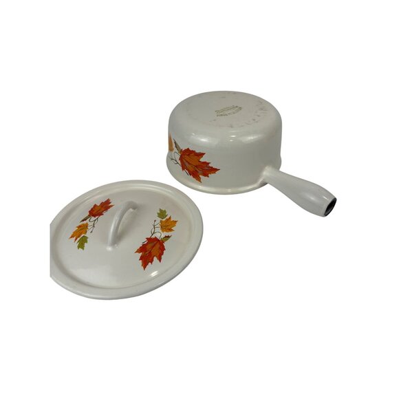 Vintage Descoware Belgium White Enamelware Saucepan With Lid Autumn Leaf Design - Picture 6 of 10